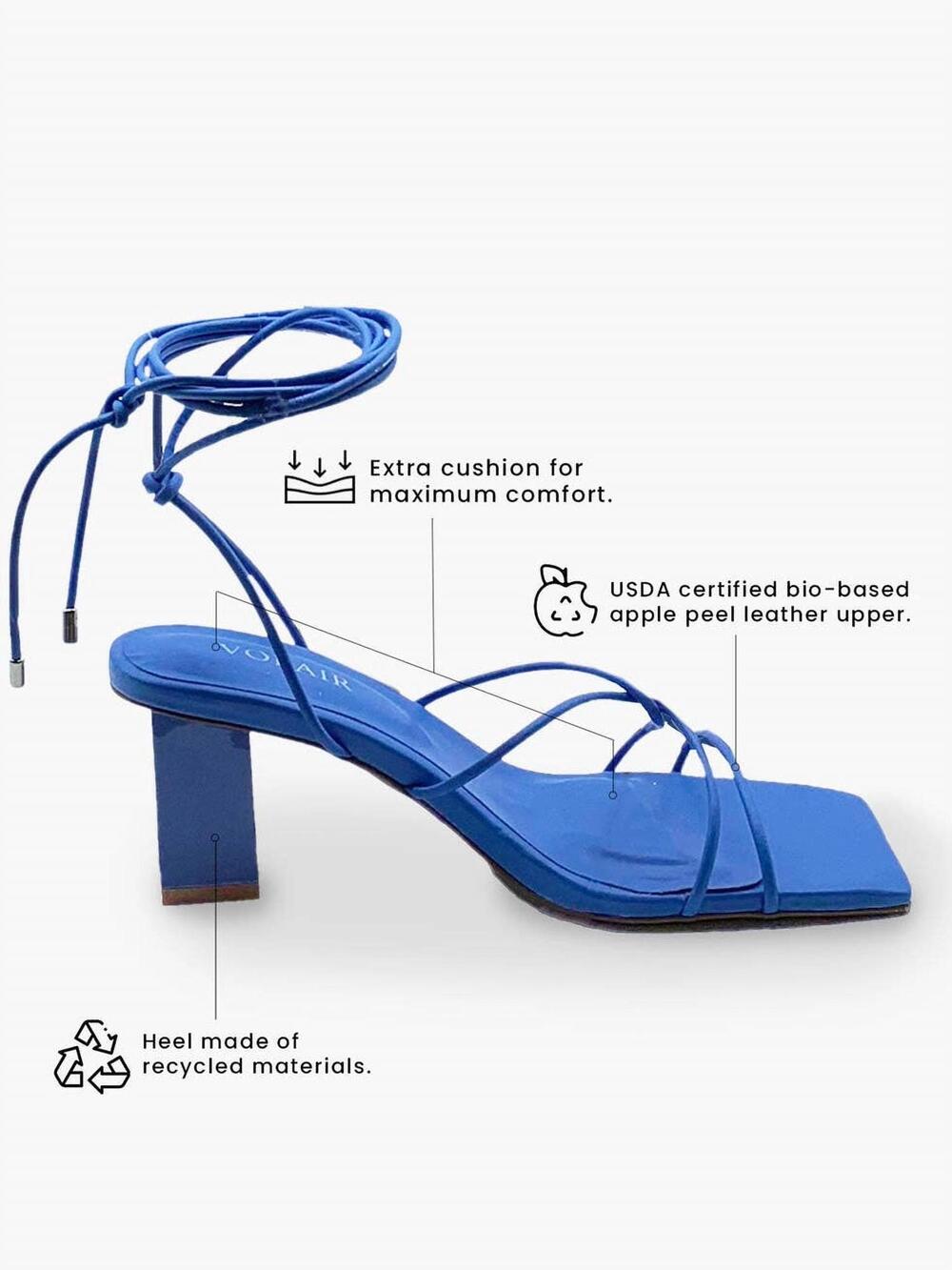 NEW VOLAIR women's bio-based cushioned strappy laced up heel in blue